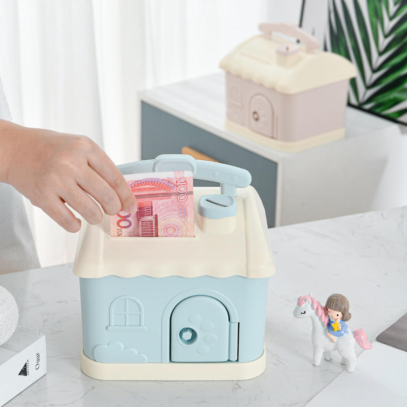 Cartoon Cute Small House Pattern Money Box Eco-Friendly Access Plastic Piggy Bank with Steel Box